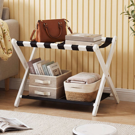 Rubberwood Folding Luggage Rack with Nylon Shelves, Black/White