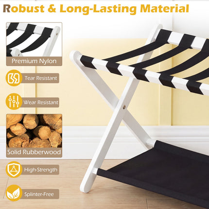 Rubberwood Folding Luggage Rack with Nylon Shelves, Black/White