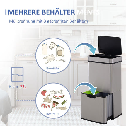 72L sensor waste bin in stainless steel, 3-compartment