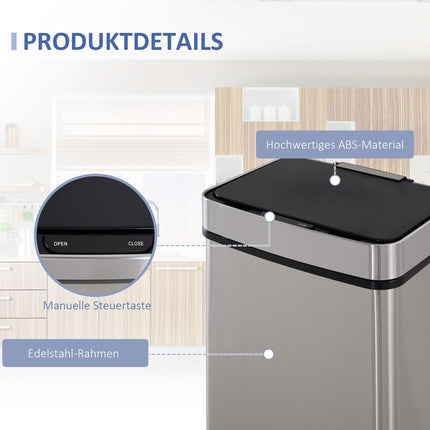 72L sensor waste bin in stainless steel, 3-compartment