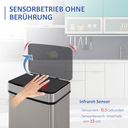 72L sensor waste bin in stainless steel, 3-compartment