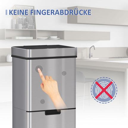 72L sensor waste bin in stainless steel, 3-compartment