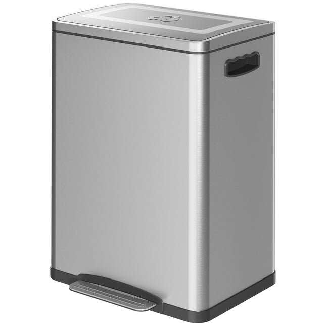 Vuilnisbak 40L pedaalemmer met deksel en voetpedaal, prullenbak met 2 binnenemmers, soft close functie voor woonkamer, kantoor, RVS, zilver, 40 x 34,8 x 59 cm | Aosoom