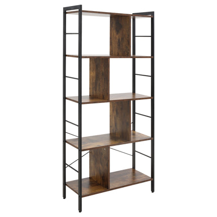 Rustic Brown 5-Tier Bookshelf, Metal Frame, 77x30x157.5 cm