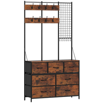 Rustic Brown Coat Rack with 14 Hooks and Fabric Drawers