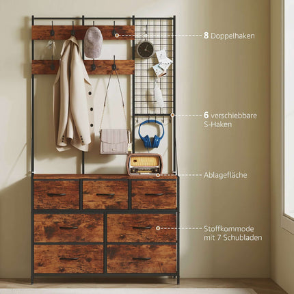 Rustic Brown Coat Rack with 14 Hooks and Fabric Drawers