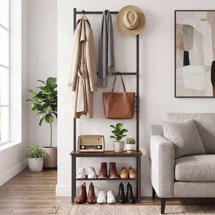 Rustic Brown Hall Tree Bench with Hooks and Shoe Storage