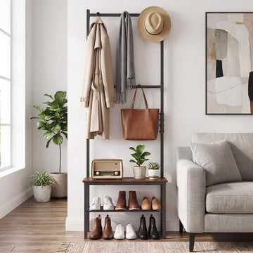 Rustic Brown Hall Tree Bench with Hooks and Shoe Storage