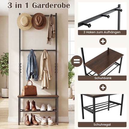 Rustic Brown Hall Tree Bench with Hooks and Shoe Storage