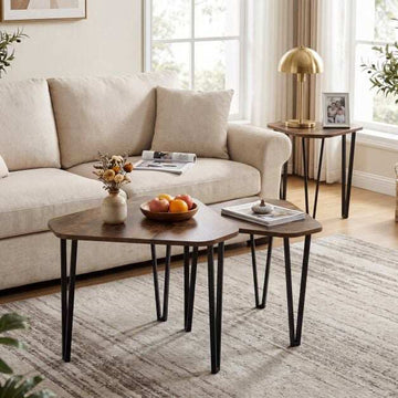 Rustic Brown Nesting Sofa Side Table Set with Metal Frame