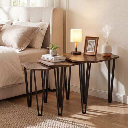 Rustic Brown Nesting Sofa Side Table Set with Metal Frame