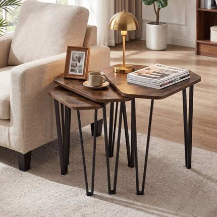 Rustic Brown Nesting Sofa Side Table Set with Metal Frame