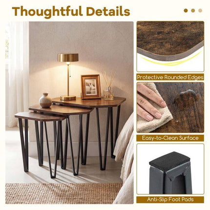 Rustic Brown Nesting Sofa Side Table Set with Metal Frame