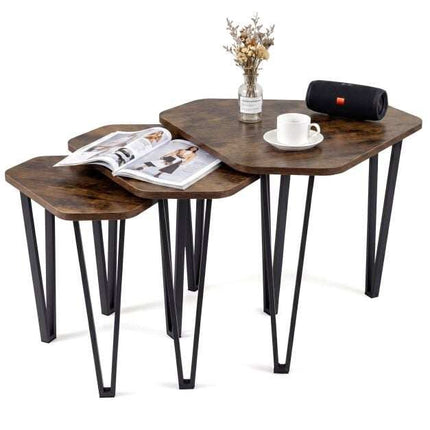 Rustic Brown Nesting Sofa Side Table Set with Metal Frame