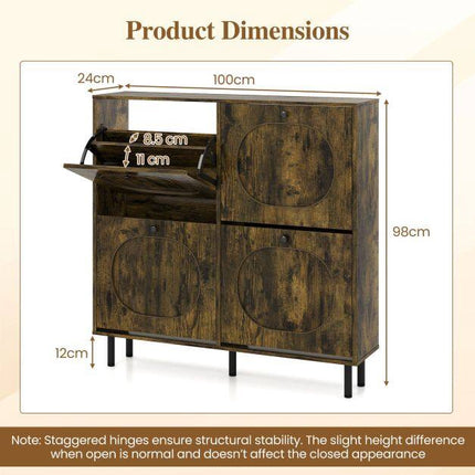 Rustic Brown Shoe Storage Cabinet, 4 Flip Drawers, Slim Design