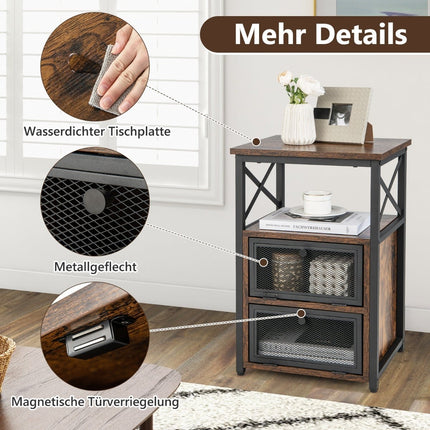 Rustic Brown Side Table with Shelves and Drawers