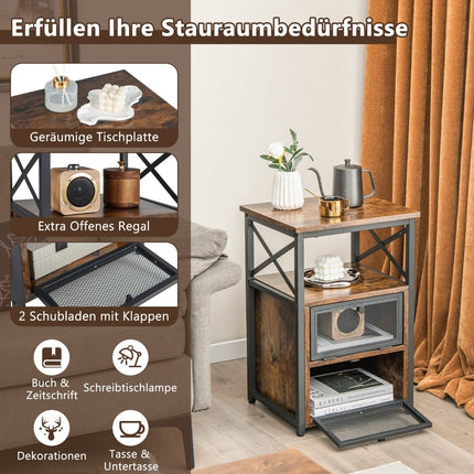 Rustic Brown Side Table with Shelves and Drawers