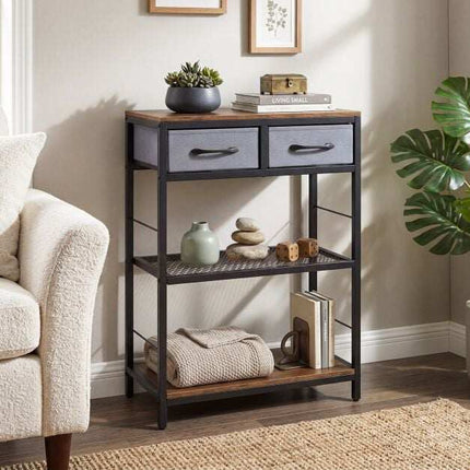 Rustic Brown Sofa Table with Drawers and Shelves