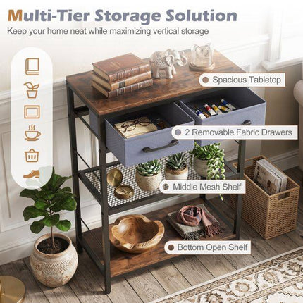 Rustic Brown Sofa Table with Drawers and Shelves