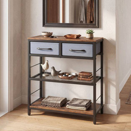 Rustic Brown Sofa Table with Drawers and Shelves