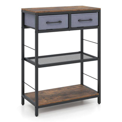 Rustic Brown Sofa Table with Drawers and Shelves