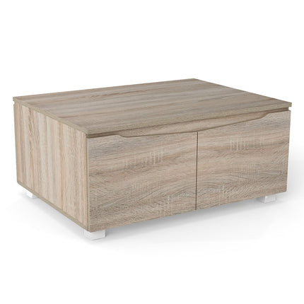 Rustic Coffee Table with Hidden Storage, 4 Doors, Oak