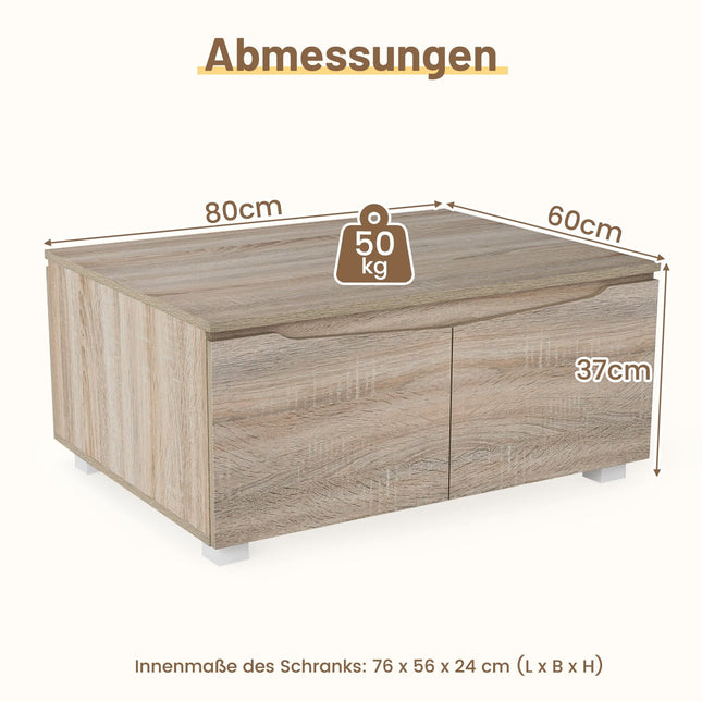 Rustic Coffee Table with Hidden Storage, 4 Doors, Oak