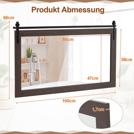 Rustic Wall Mirror, Dark Brown Wood Frame, 100x66 cm