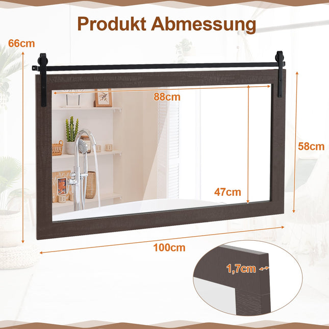 Rustic Wall Mirror, Dark Brown Wood Frame, 100x66 cm
