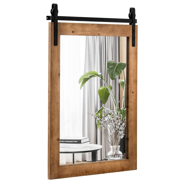 Rustic Wall Mirror with Wood Frame & Metal Mount, 76x56 cm
