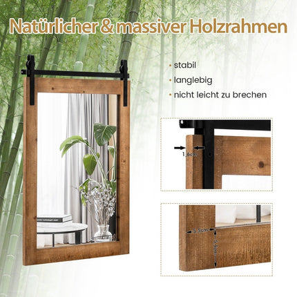 Rustic Wall Mirror with Wood Frame & Metal Mount, 76x56 cm