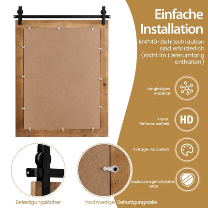 Rustic Wall Mirror with Wood Frame & Metal Mount, 76x56 cm