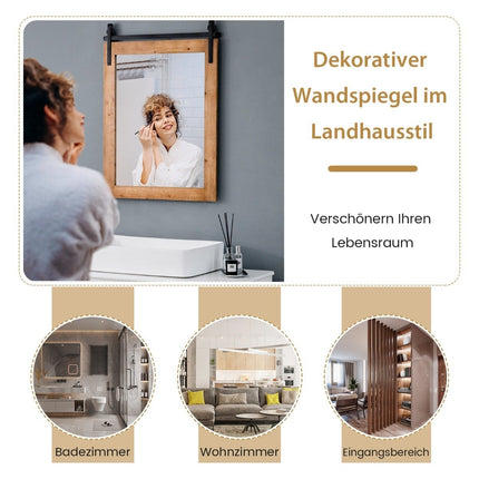 Rustic Wall Mirror with Wood Frame & Metal Mount, 76x56 cm