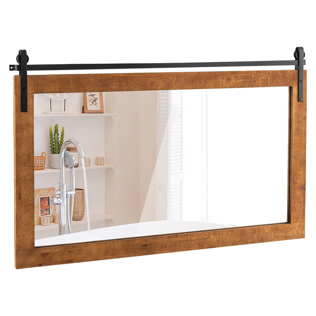 Rustic Wood Frame Wall Mirror, 100x66 cm, Brown
