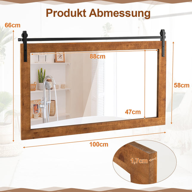 Rustic Wood Frame Wall Mirror, 100x66 cm, Brown