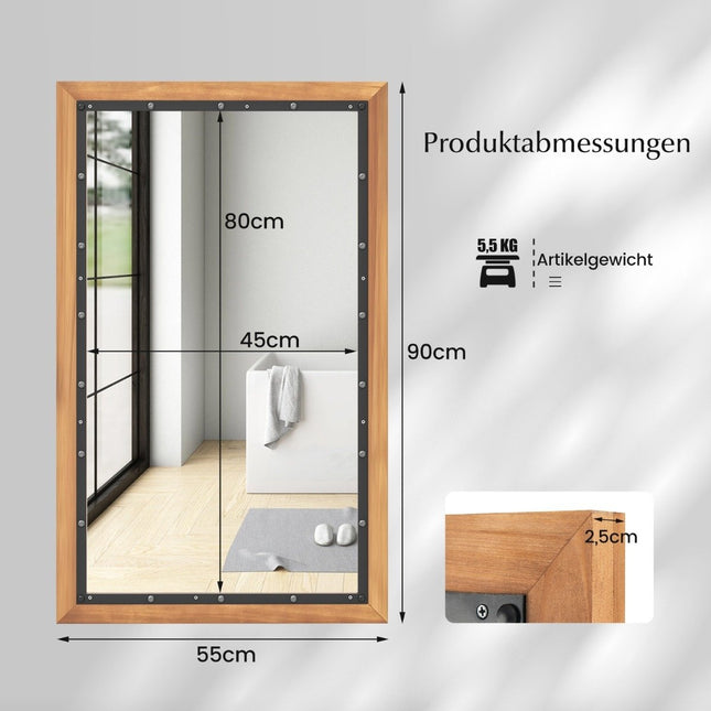 Rustic wooden mirror with rectangular frame decorative hanging mirror 55 x 90 cm natural