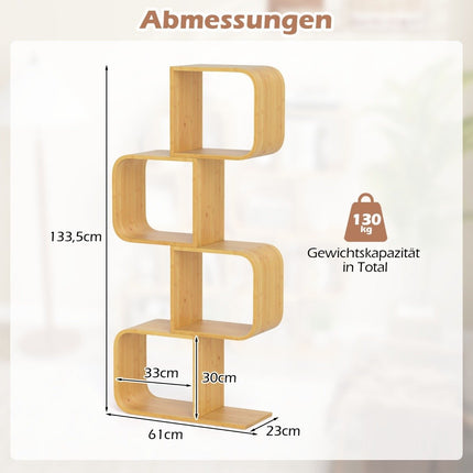 S-Shaped Bamboo Bookshelf, 4-Tier, 61x23x133.5 cm