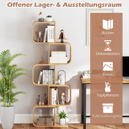 S-Shaped Bamboo Bookshelf with 5 Tiers for Home Office