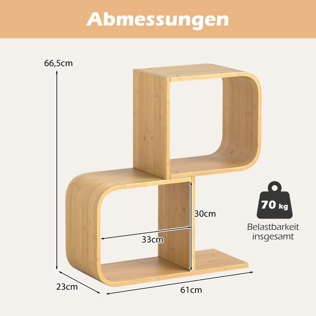 S-Shaped Bookshelf with 2 Open Cubes Geometric Corner Shelf Bamboo Shelf