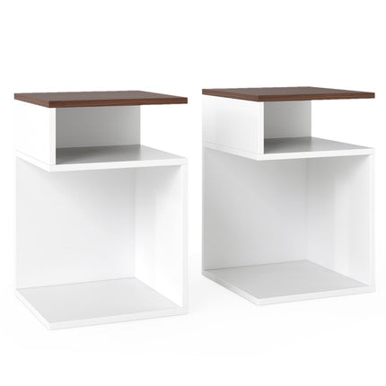 S-Shaped Side Table Set with 2 Open Shelves, White/Walnut