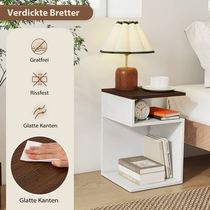 S-Shaped Side Table Set with 2 Open Shelves, White/Walnut