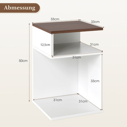 S-Shaped Side Table Set with 2 Open Shelves, White/Walnut