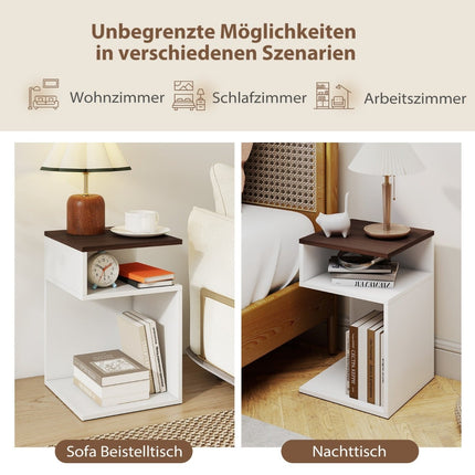 S-Shaped Side Table Set with 2 Open Shelves, White/Walnut