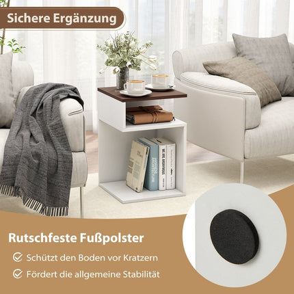 S-Shaped Side Table Set with 2 Open Shelves, White/Walnut