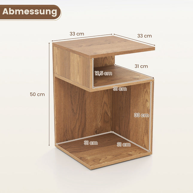 S-Shaped Side Table with 2 Open Shelves, Natural Wood