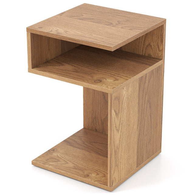 S-Shaped Side Table with 2 Open Shelves, Natural Wood