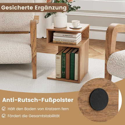 S-Shaped Side Table with 2 Open Shelves, Natural Wood