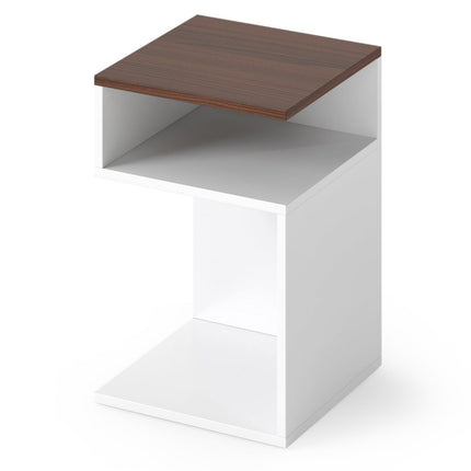 S-Shaped Side Table with 2 Open Shelves, White/Walnut