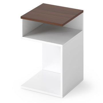 S-Shaped Side Table with 2 Open Shelves, White/Walnut