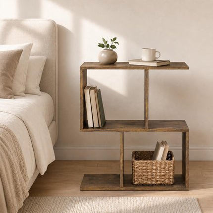 S-Shaped Side Table with 3 Tiers and 4 Compartments, Rustic Brown, Narrow